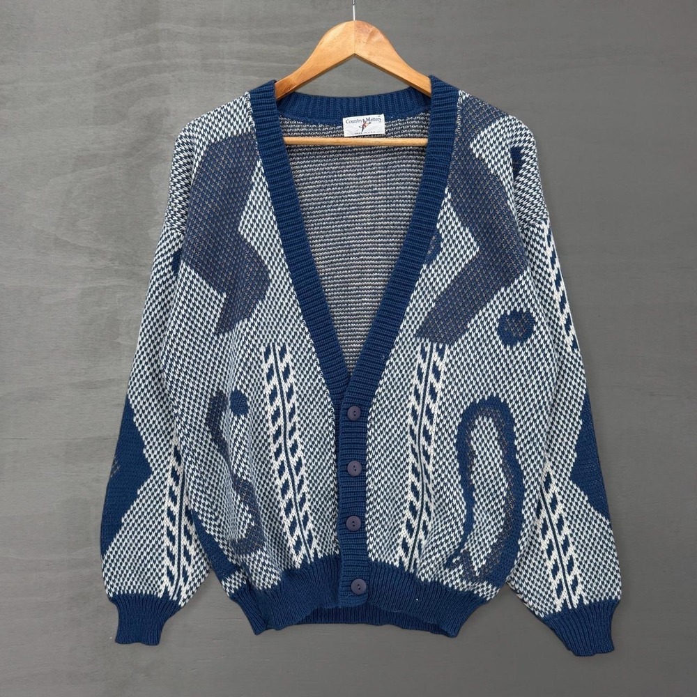 Vintage Retro Cardigan Sweater Blue Geometric Abstract Knit V-Neck Size Medium